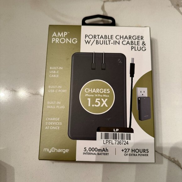 myCharge Amp Prong 5000mAh/12W Output Power Bank with Integrated Charging Cable - Picture 1 of 2